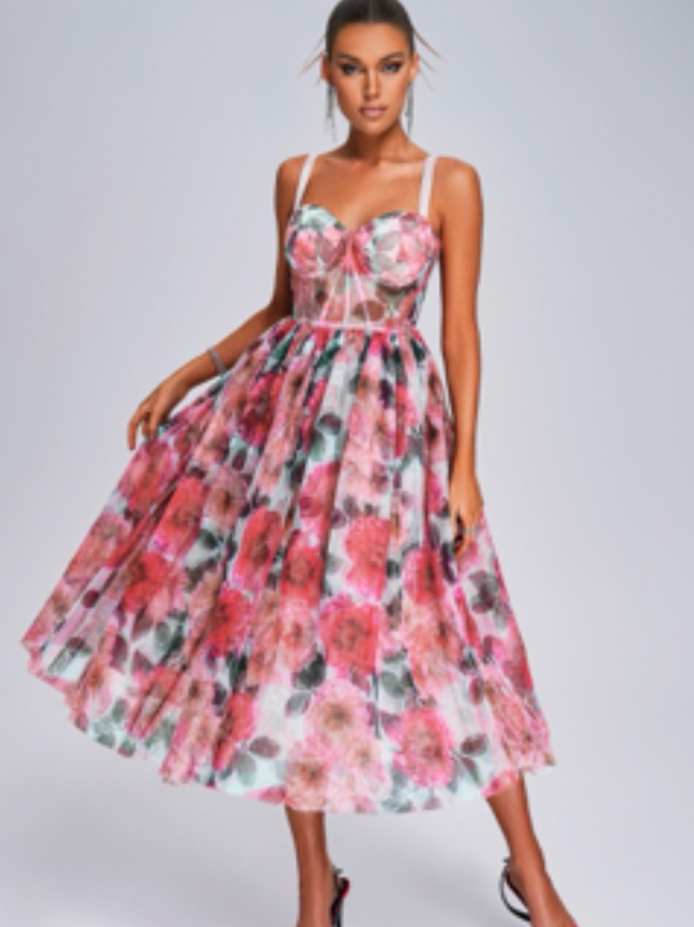 Sheer Floral Midi Dress with Molded Bodice in Coral and Teal